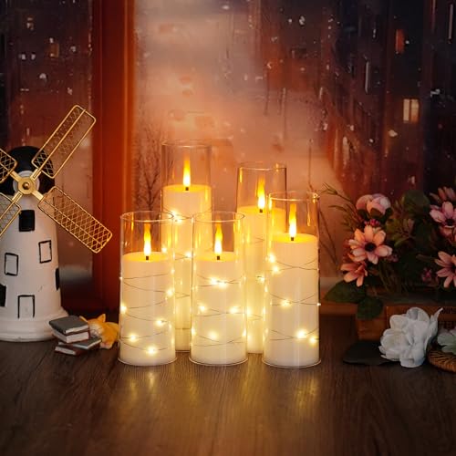 Flameless LED Candles with Timer 5 Pc Flickering Flameless Candles for Romantic Ambiance and Home Decoration Stable Acrylic Shell,with Embedded Star String,Battery Operated Candles(Grey)