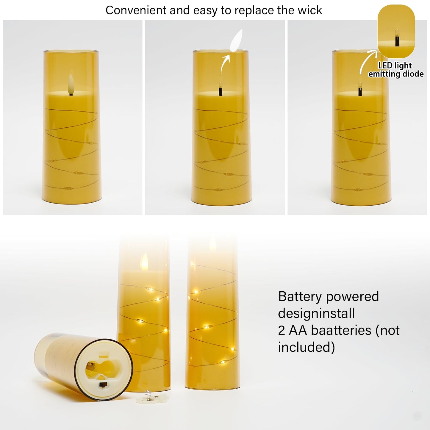 Flameless LED Candles with Timer 5 Pc Flickering Flameless Candles for Romantic Ambiance and Home Decoration Stable Acrylic Shell,with Embedded Star String,Battery Operated Candles(Grey)