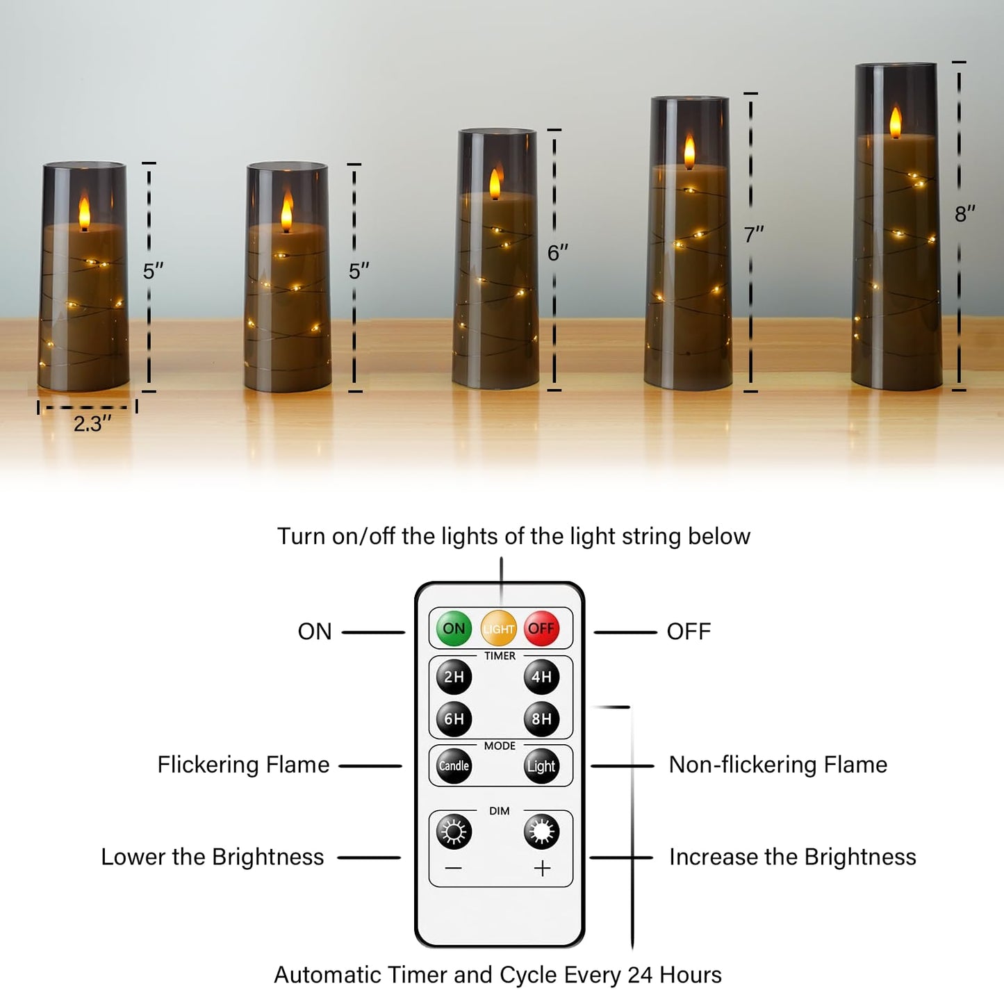 Flameless LED Candles with Timer 5 Pc Flickering Flameless Candles for Romantic Ambiance and Home Decoration Stable Acrylic Shell,with Embedded Star String,Battery Operated Candles(Grey)