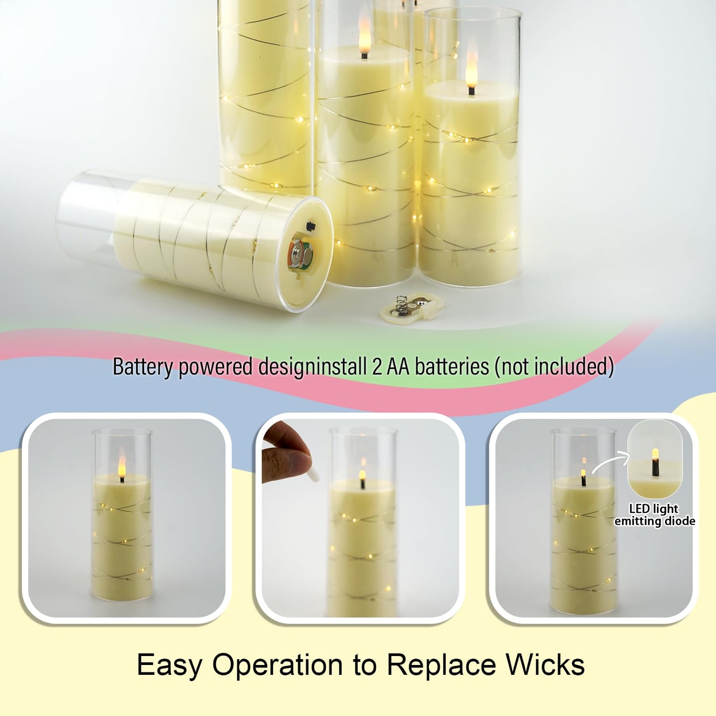 Flameless LED Candles with Timer 5 Pc Flickering Flameless Candles for Romantic Ambiance and Home Decoration Stable Acrylic Shell,with Embedded Star String,Battery Operated Candles(Grey)