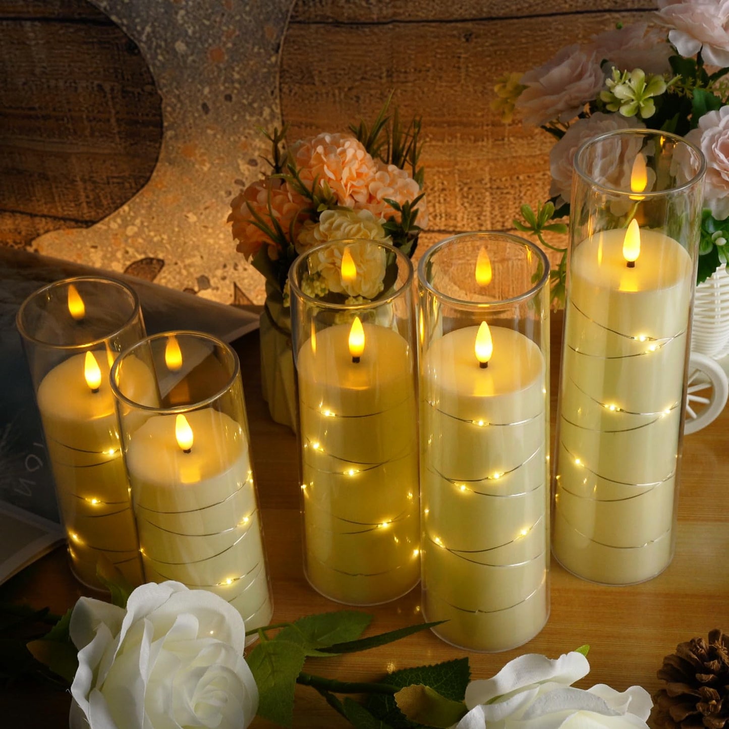 Flameless LED Candles with Timer 5 Pc Flickering Flameless Candles for Romantic Ambiance and Home Decoration Stable Acrylic Shell,with Embedded Star String,Battery Operated Candles(Grey)
