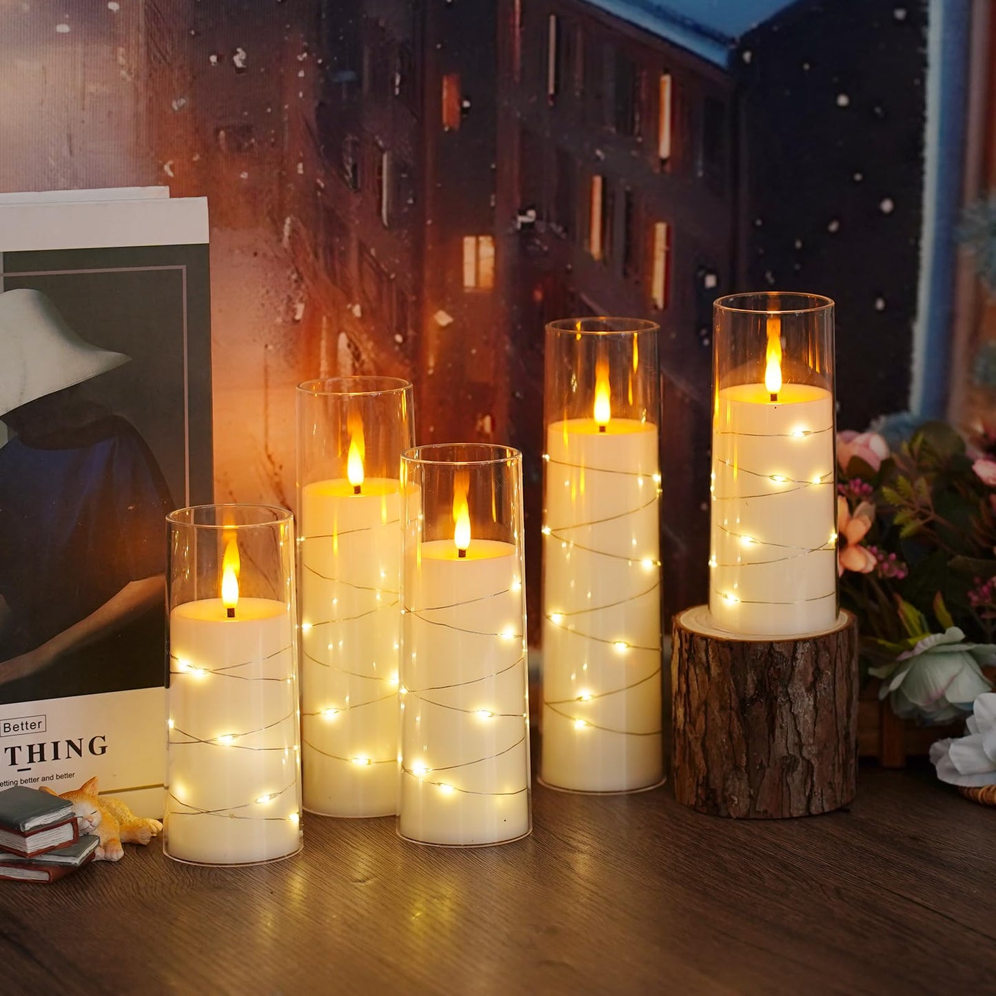 Flameless LED Candles with Timer 5 Pc Flickering Flameless Candles for Romantic Ambiance and Home Decoration Stable Acrylic Shell,with Embedded Star String,Battery Operated Candles(Grey)