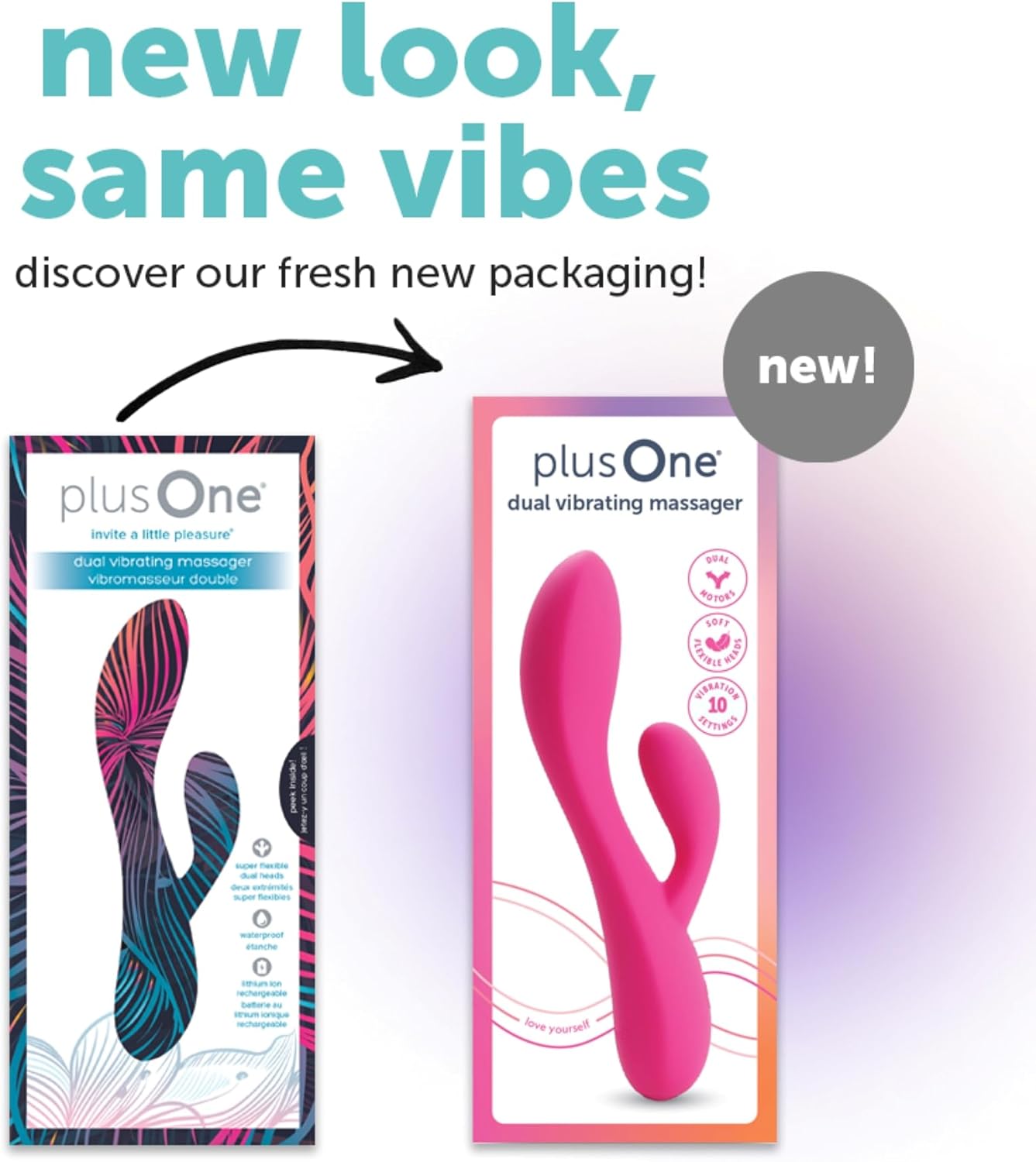 plusOne Dual Rabbit Vibrator Personal Massager, 10 Vibration Settings, Body-Safe Silicone, Waterproof, USB Rechargeable, Sex Toy for Women and Men