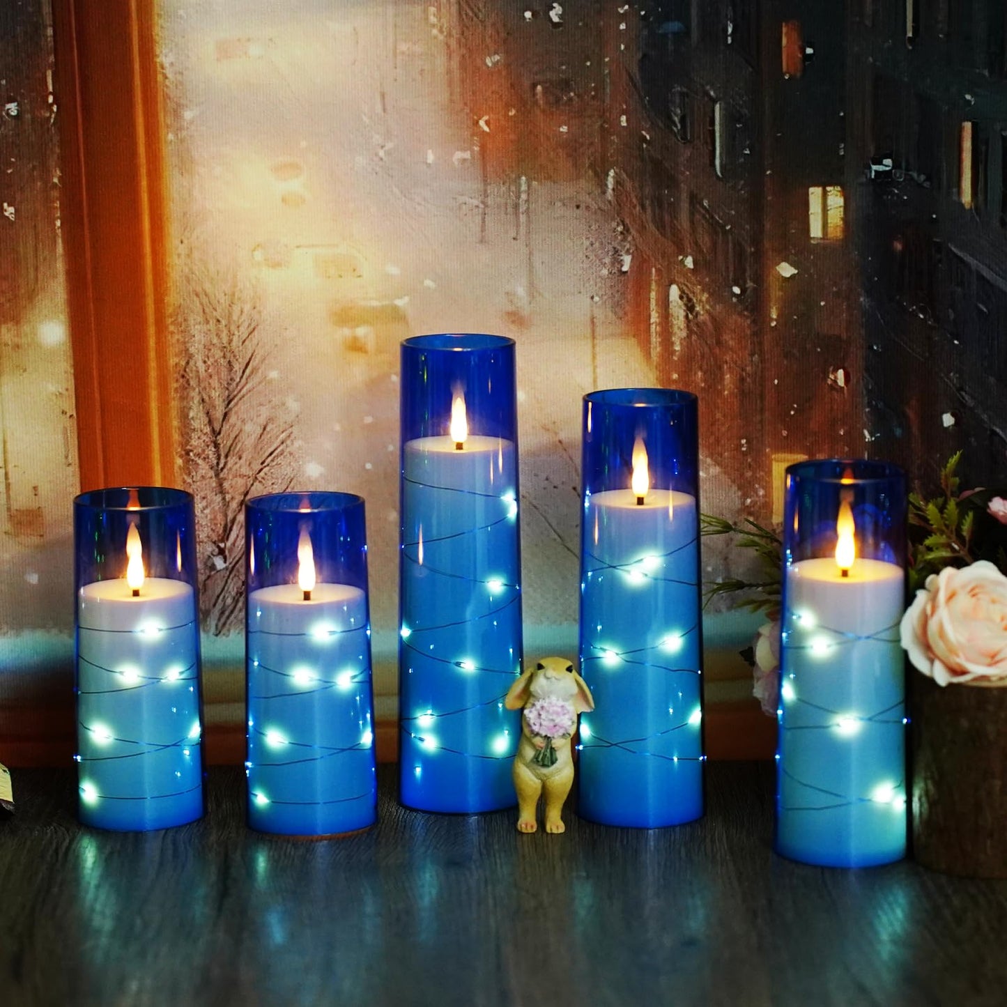 Flameless LED Candles with Timer 5 Pc Flickering Flameless Candles for Romantic Ambiance and Home Decoration Stable Acrylic Shell,with Embedded Star String,Battery Operated Candles(Grey)