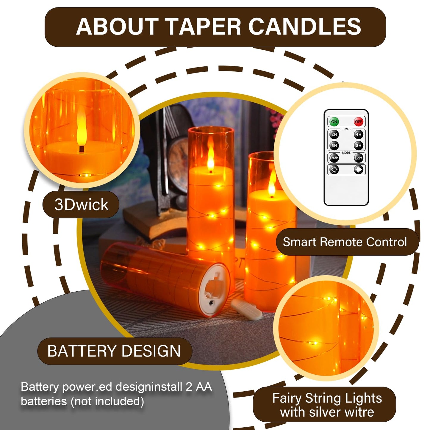 Flameless LED Candles with Timer 5 Pc Flickering Flameless Candles for Romantic Ambiance and Home Decoration Stable Acrylic Shell,with Embedded Star String,Battery Operated Candles(Grey)