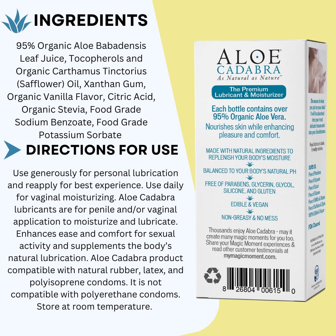 Aloe Cadabra Natural Water Based Vaginal Moisturizer, Organic Aloe Non-Staining, pH Balanced (Unscented 2.5 Ounces, 1 Pack)