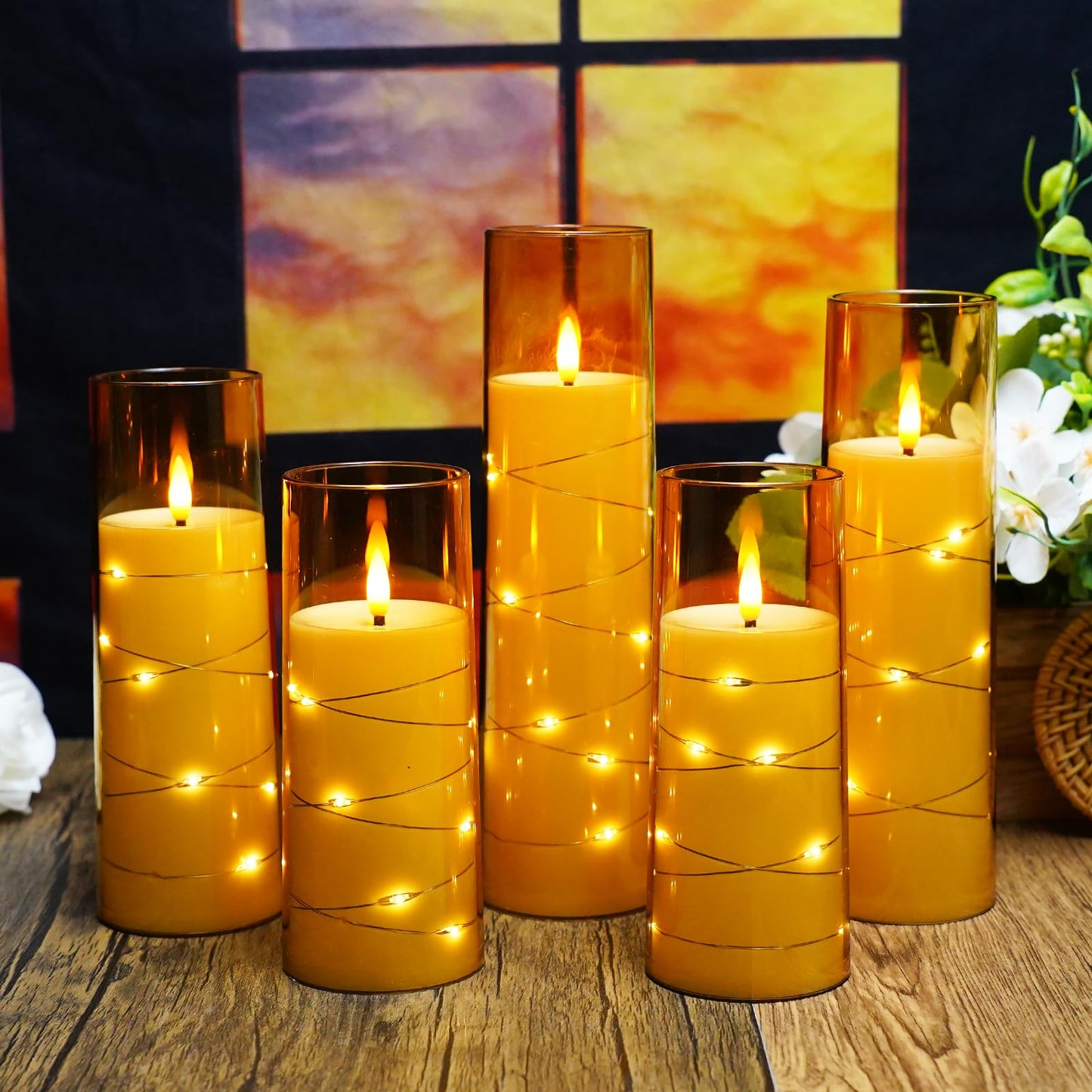 Flameless LED Candles with Timer 5 Pc Flickering Flameless Candles for Romantic Ambiance and Home Decoration Stable Acrylic Shell,with Embedded Star String,Battery Operated Candles(Grey)