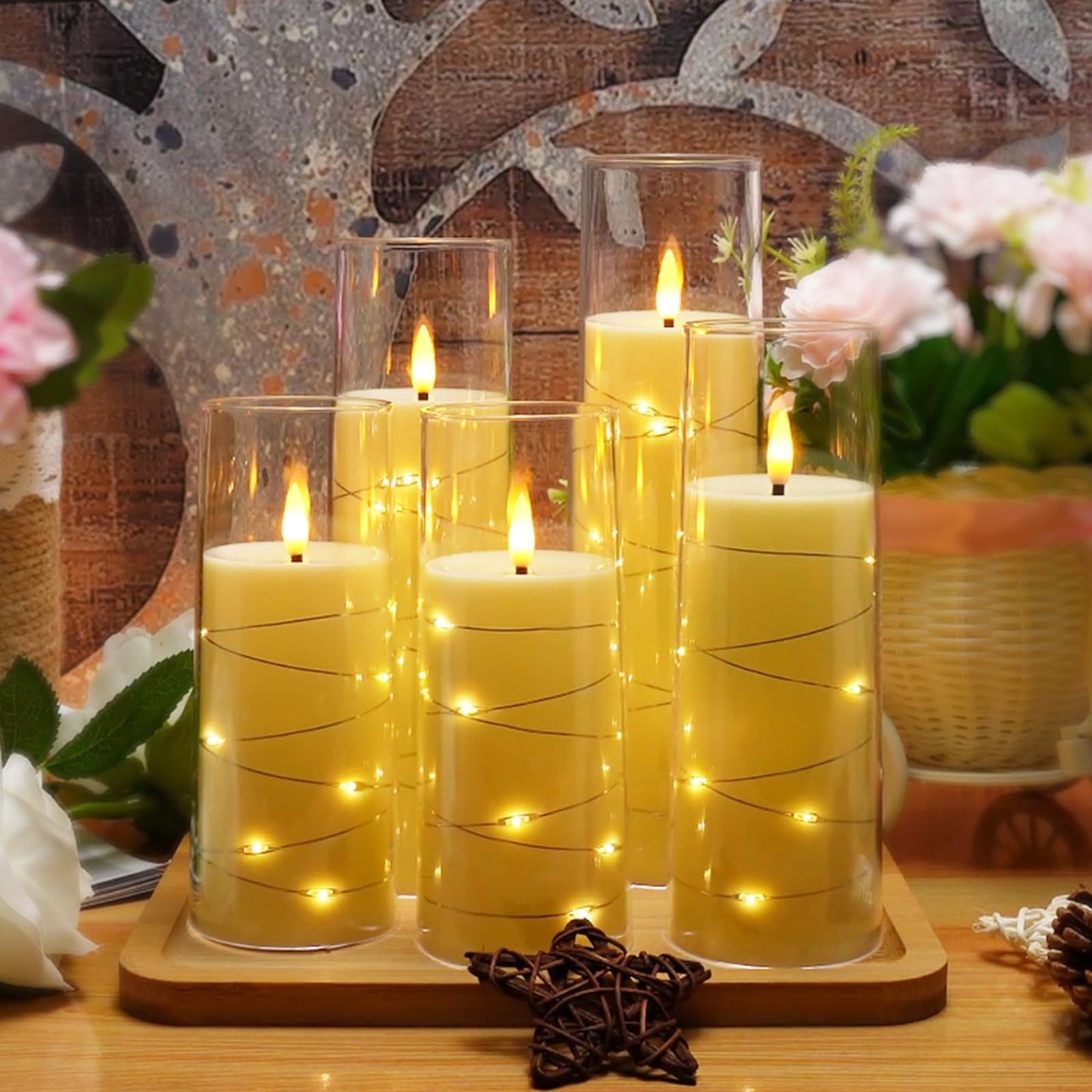 Flameless LED Candles with Timer 5 Pc Flickering Flameless Candles for Romantic Ambiance and Home Decoration Stable Acrylic Shell,with Embedded Star String,Battery Operated Candles(Grey)