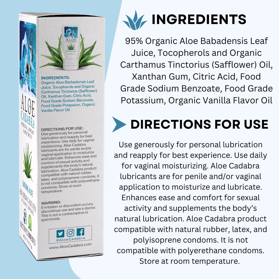 Aloe Cadabra Natural Water Based Vaginal Moisturizer, Organic Aloe Non-Staining, pH Balanced (Unscented 2.5 Ounces, 1 Pack)