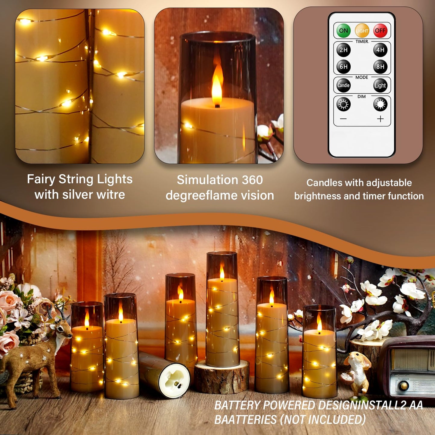 Flameless LED Candles with Timer 5 Pc Flickering Flameless Candles for Romantic Ambiance and Home Decoration Stable Acrylic Shell,with Embedded Star String,Battery Operated Candles(Grey)