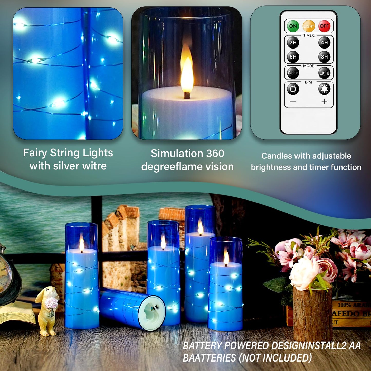 Flameless LED Candles with Timer 5 Pc Flickering Flameless Candles for Romantic Ambiance and Home Decoration Stable Acrylic Shell,with Embedded Star String,Battery Operated Candles(Grey)