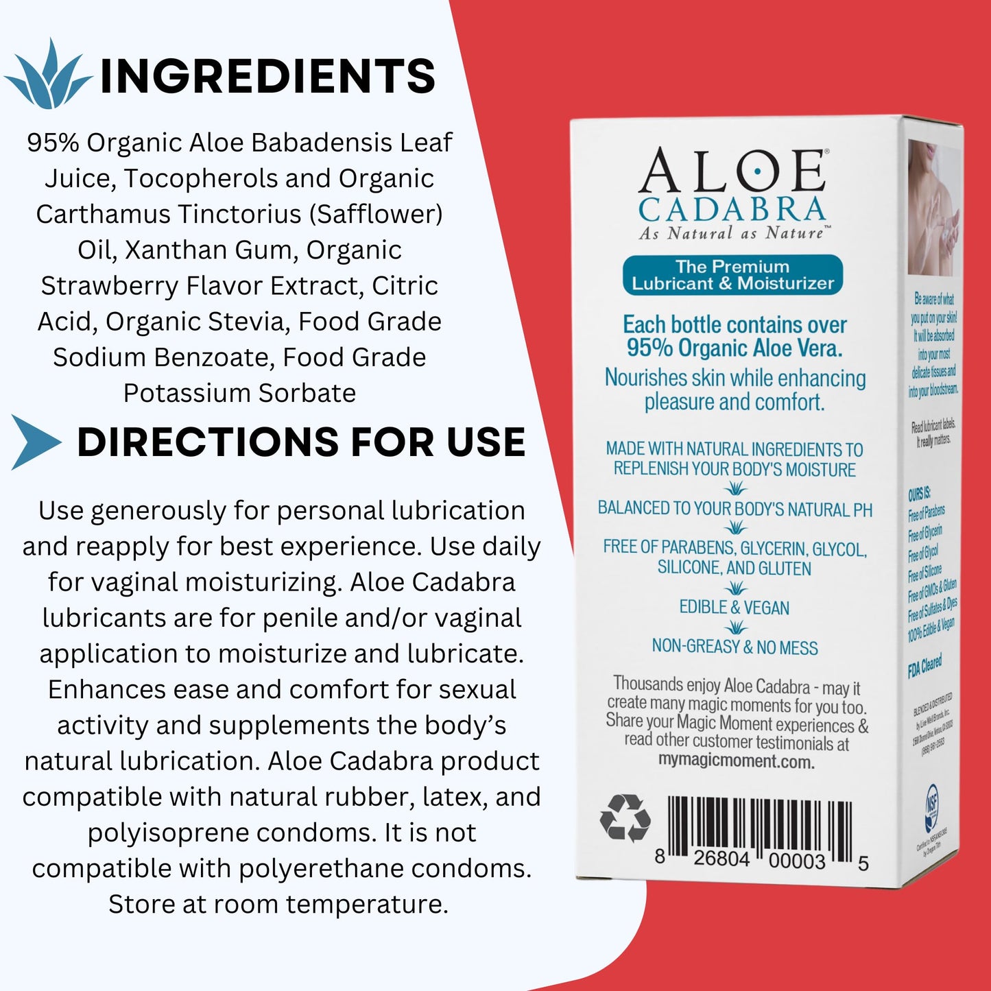 Aloe Cadabra Natural Water Based Vaginal Moisturizer, Organic Aloe Non-Staining, pH Balanced (Unscented 2.5 Ounces, 1 Pack)