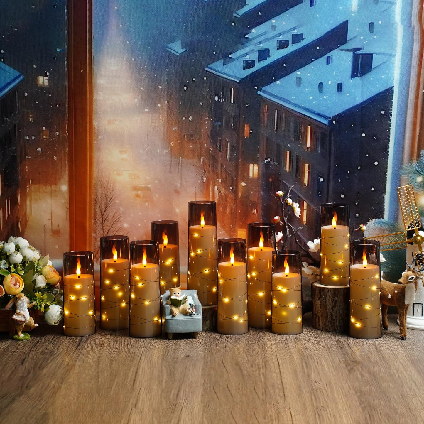 Flameless LED Candles with Timer 5 Pc Flickering Flameless Candles for Romantic Ambiance and Home Decoration Stable Acrylic Shell,with Embedded Star String,Battery Operated Candles(Grey)
