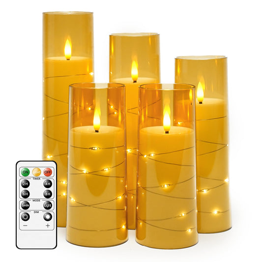 Flameless LED Candles with Timer 5 Pc Flickering Flameless Candles for Romantic Ambiance and Home Decoration Stable Acrylic Shell,with Embedded Star String，Battery Operated Candles（Grey）