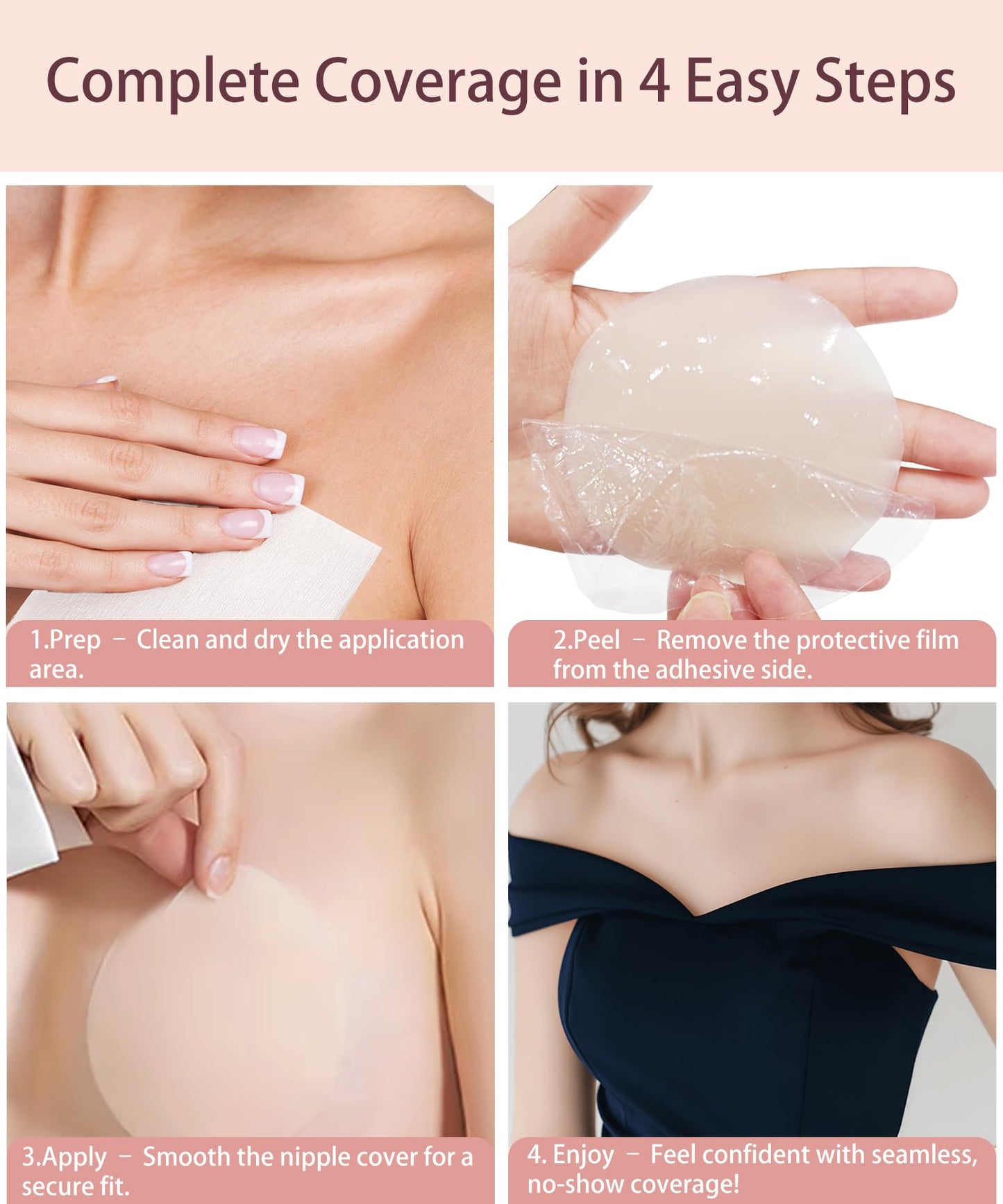 Nipple Covers for Women–2 Pairs Reusable Silicone Pasties, Adhesive&Waterproof, No Show Design with Travel Box